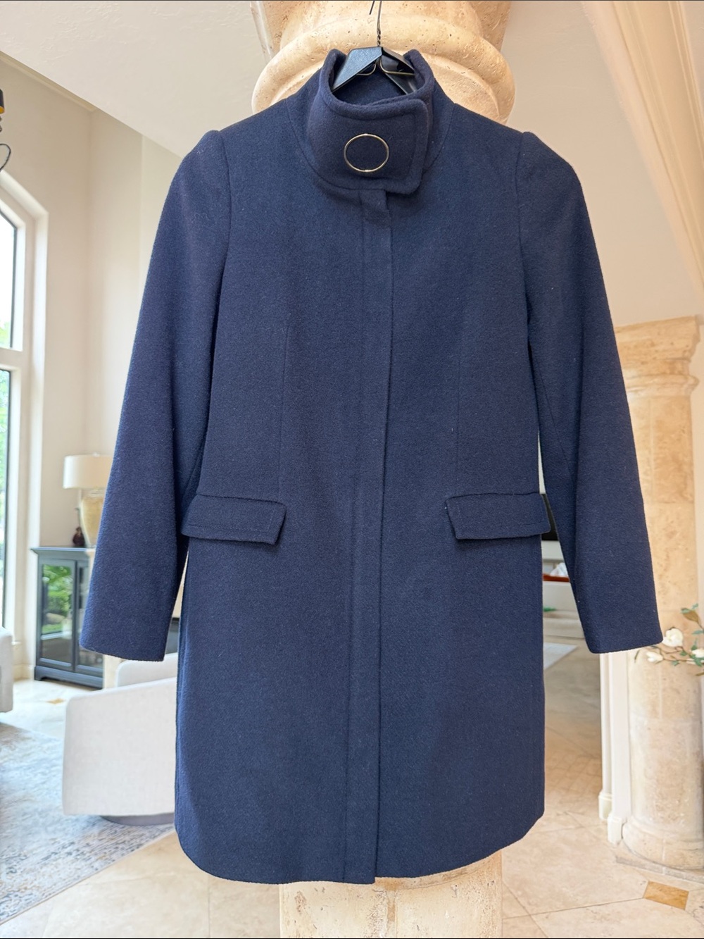 Mango Navy High-Neck Wool-Blend Pea Coat Sz XS